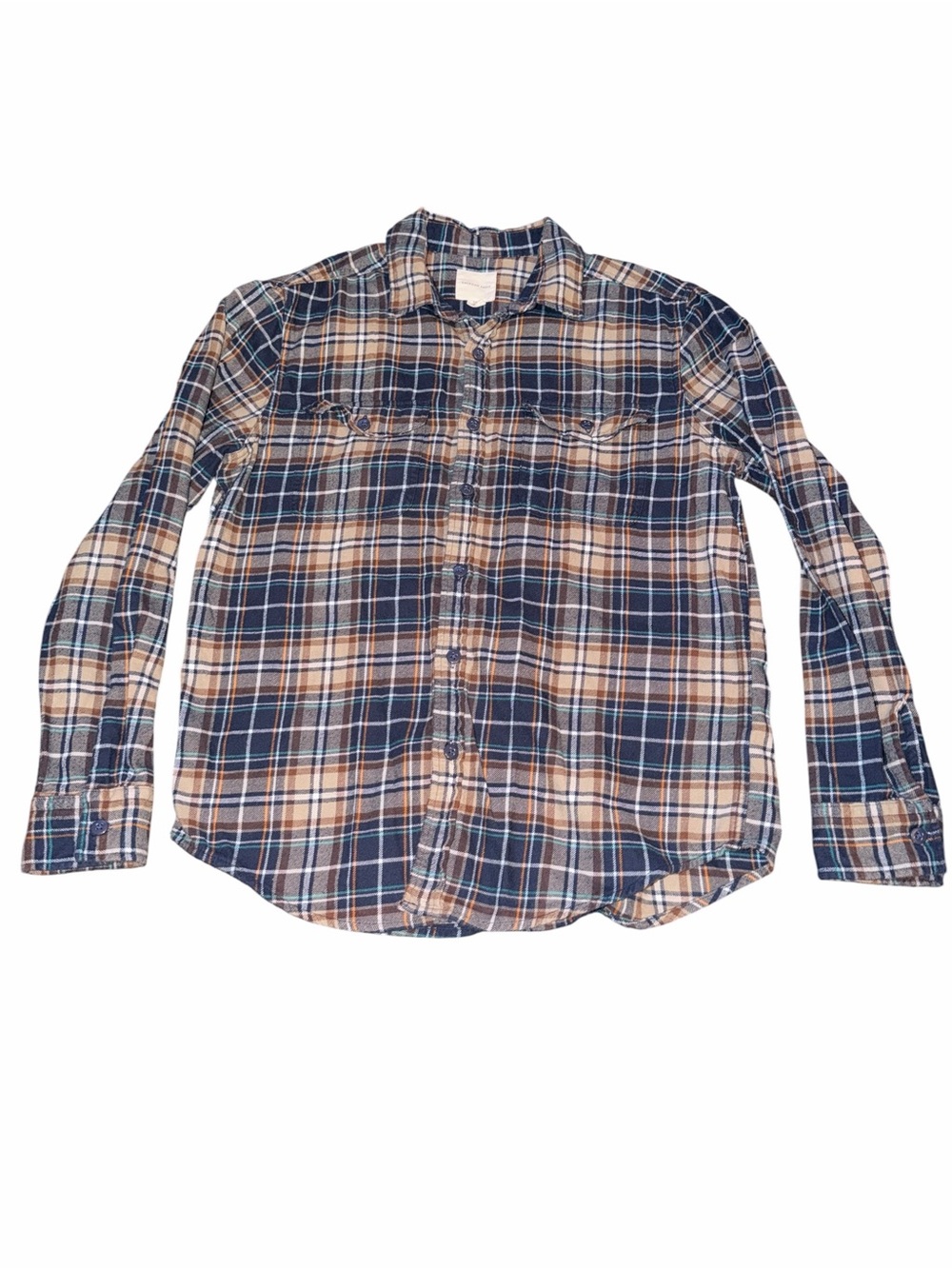 American Eagle Outfitters Navy and Tan Plaid Button-Down Shirt